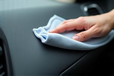 Detailed shot of a car interior being cleaned, showing dashboard wipe-down